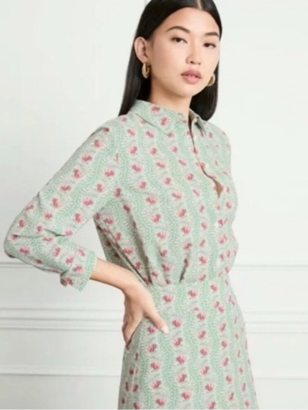 Hill House | Women’s Mint/Red/White Floral The James Hi-Low Button Down Shirt XL